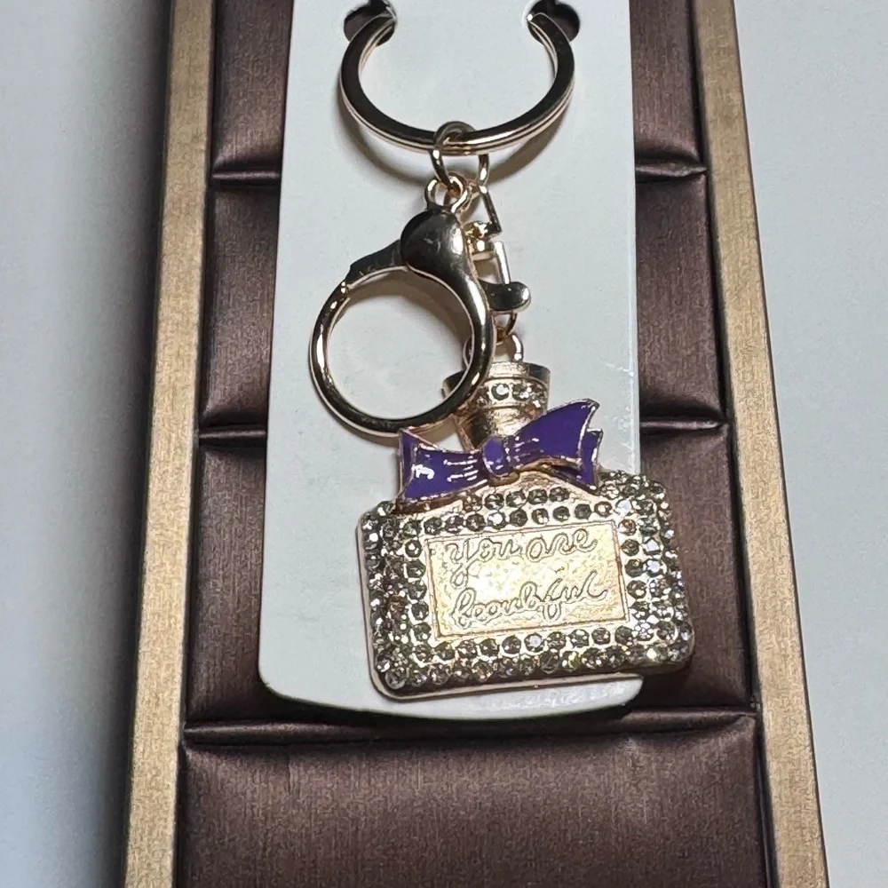 BAG CHARM MINT Bling Perfume Bottle Purple Enamel Bow Keychain You Are Beautiful